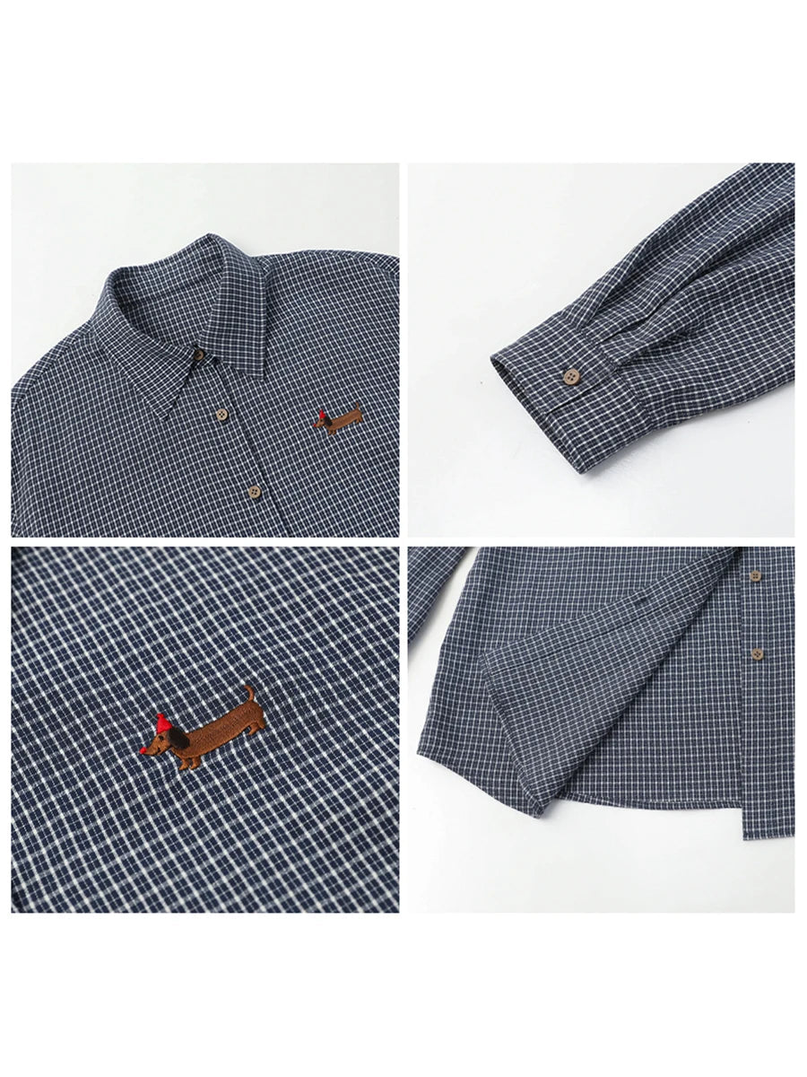 Retro Plaid Embroidered Blouse Loose Casual Long Sleeve Loran