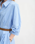 Waist-Defined Pleated Shirt Dress in Blue and White Stripe