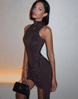 Elegant Sleeveless Turtleneck Mini Dress with Irregular Ruched Detail
