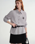 Plus-Size Birds Appliqué Checkered Stripe Shirt
