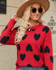 Mix Color Heart Knitted Jumper: Long Sleeve O-Neck Sweater for Women