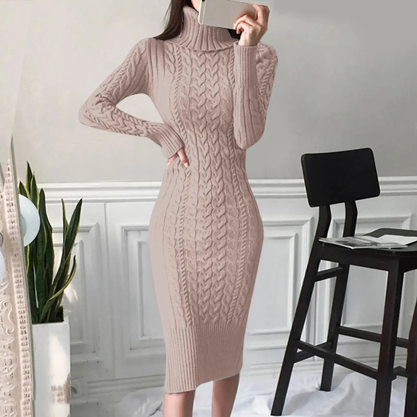 Warm Knitted Bodycon Turtleneck Dress for Autumn/Winter - Loran