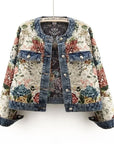Floral patterned denim jacket on a white background