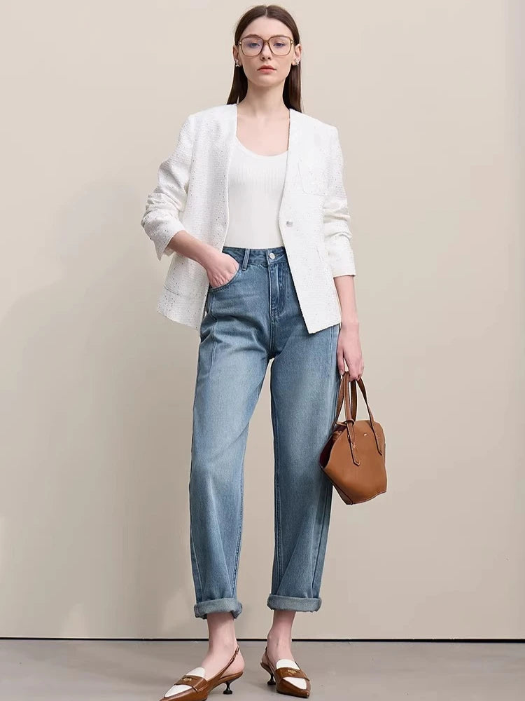 Amii Straight-leg Pants 2026 Spring New Solid Color Casual Washed Denim Trousers Versatile Basic Cotton Women's Pants 12621040 Loran