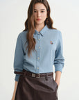 American Retro Bear-Embroidered Denim Shirt (Plus Size)
