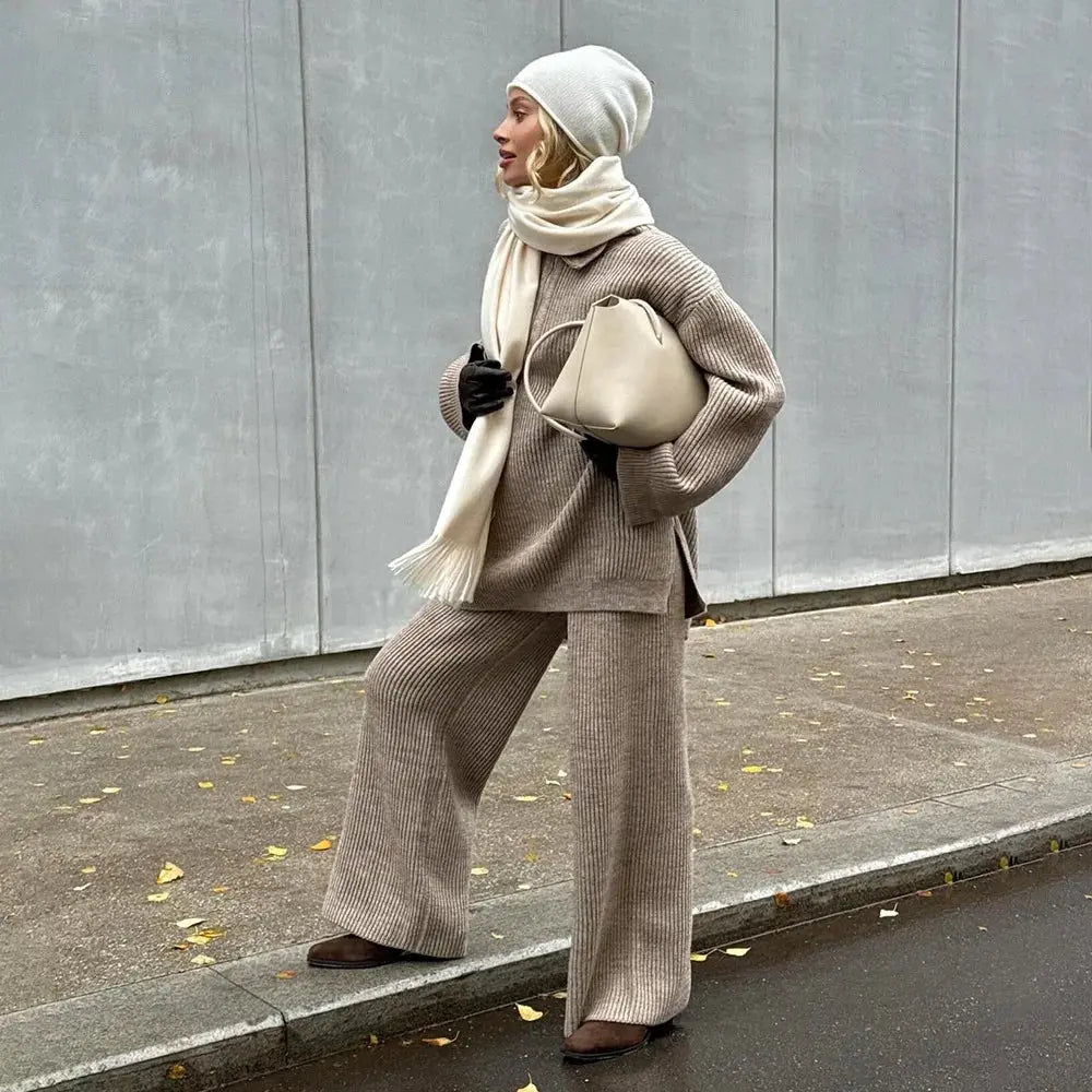 Chic Knitted Sweater and Wide-Leg Trousers Set - Loran