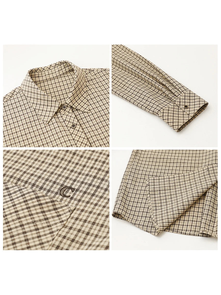 Retro Plaid Embroidered Shirt Loose Casual Autumn Blouse Loran