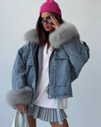 Light Blue Denim & Fur Winter Coat