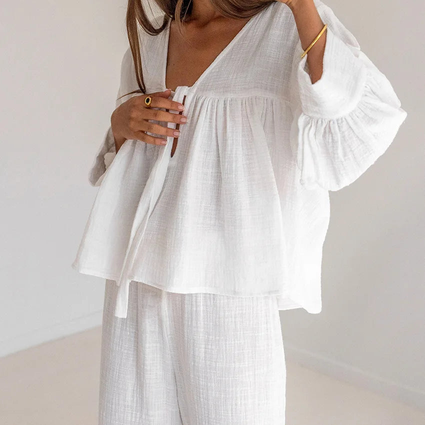 Women's Pajamas Cotton 2-Piece Set V-Neck Loran