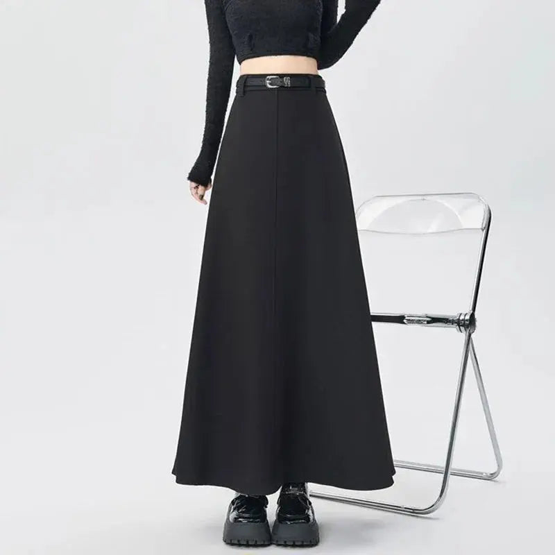 High-Waist A-Line Pleated Midi Skirt with Tie Belt - Loran