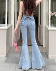 High-Waist Denim Flares with Bow Detail