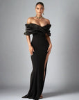 Satin Ruffle Shoulder High Slit Long Dress