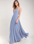 Deep V-Neck Blue Satin Floor-Length Prom Gown