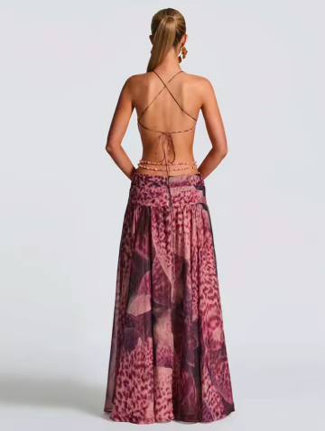 Leopard Print Halter Dress with Backless and Slit Details