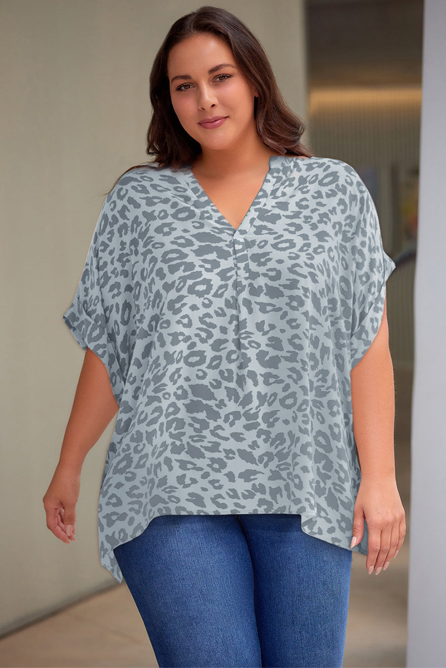 Plus Size Printed Notched Neck Half Sleeve Top - 3IN SMART Shop  #