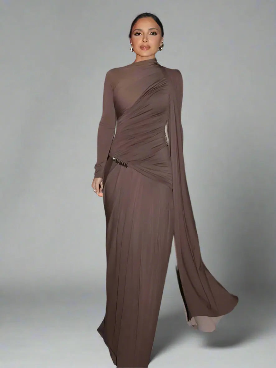 Patchwork Pleated Long Dress with Turtleneck - Loran