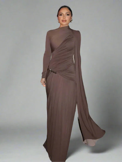 Patchwork Pleated Long Dress with Turtleneck - Loran