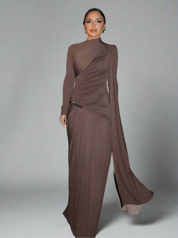 Patchwork Pleated Long Dress with Turtleneck