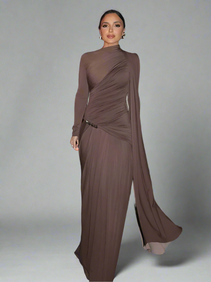 Patchwork Pleated Long Dress with Turtleneck