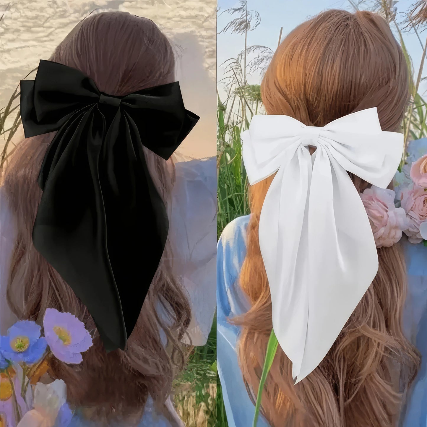 2 PC Set Black & White Large Ribbon Bow Hair Clips