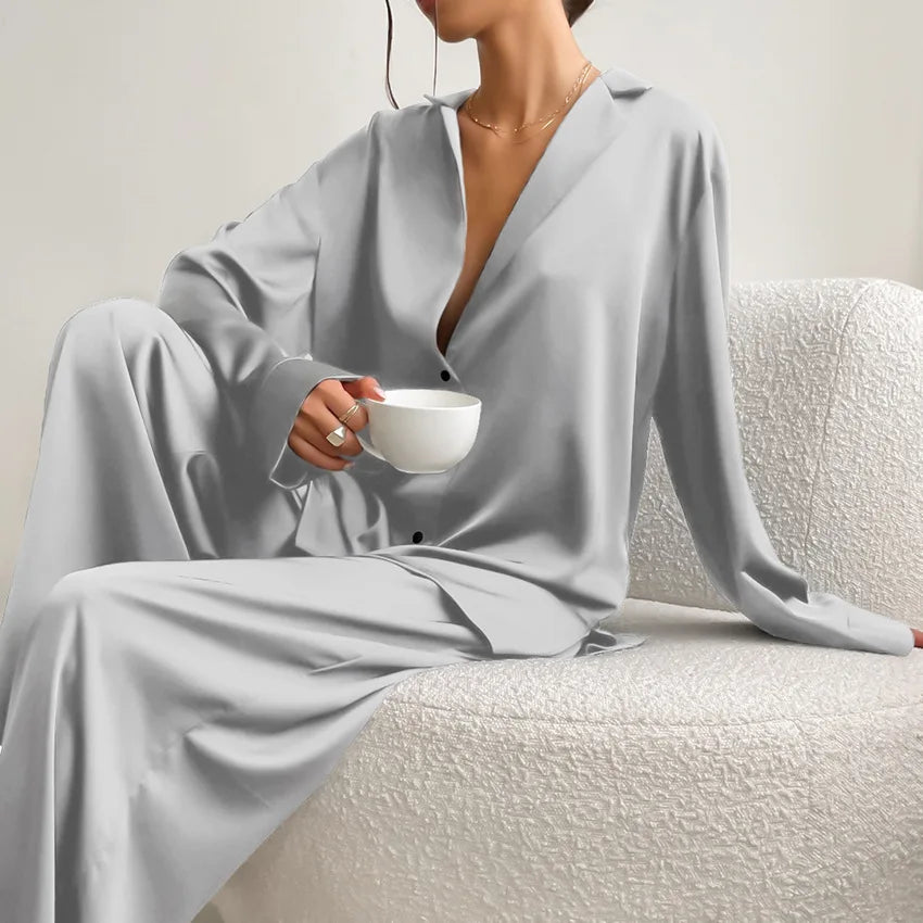 Oversized Satin Silk Pajama Set: Long Sleeve & Wide Leg Pants Loran