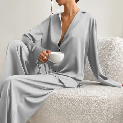 Oversized Satin Silk Pajama Set: Long Sleeve & Wide Leg Pants Loran