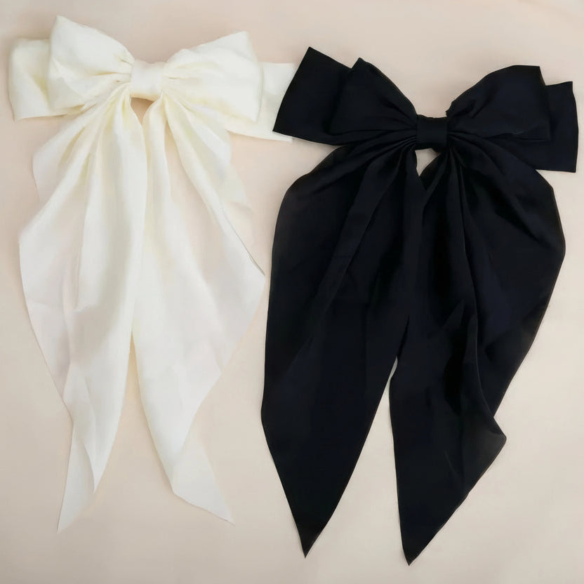 2 PC Set Black & White Large Ribbon Bow Hair Clips