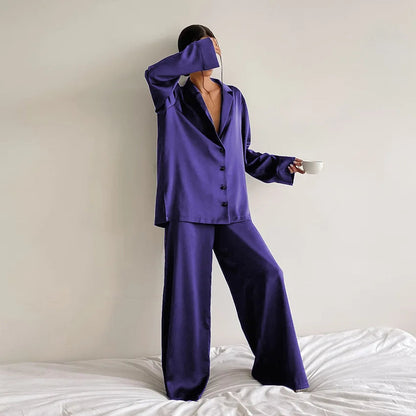 Oversized Satin Silk Pajama Set: Long Sleeve & Wide Leg Pants Loran
