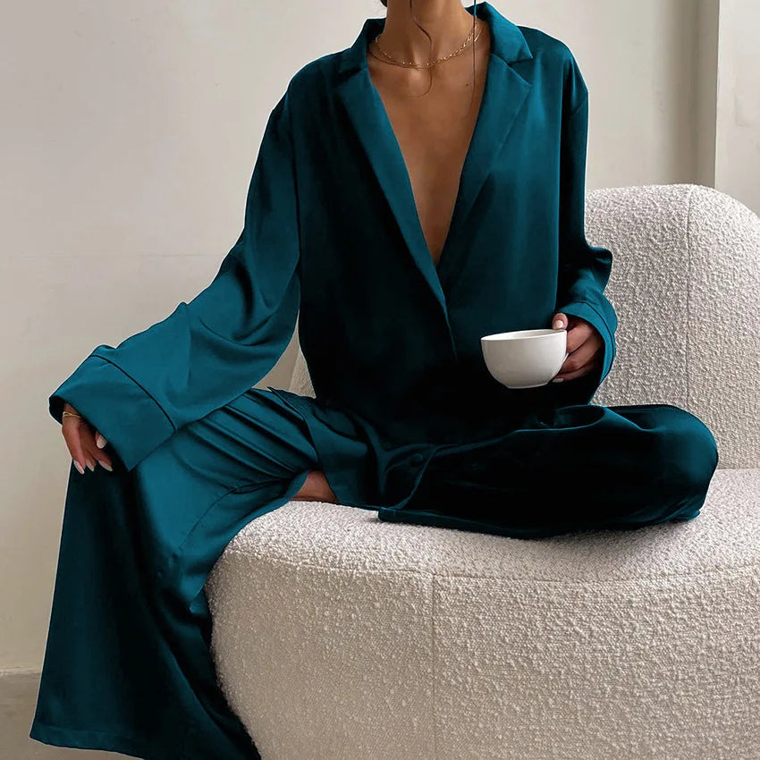 Oversized Satin Silk Pajama Set: Long Sleeve & Wide Leg Pants Loran