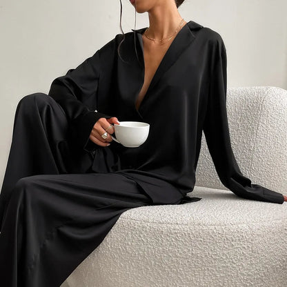 Oversized Satin Silk Pajama Set: Long Sleeve & Wide Leg Pants Loran