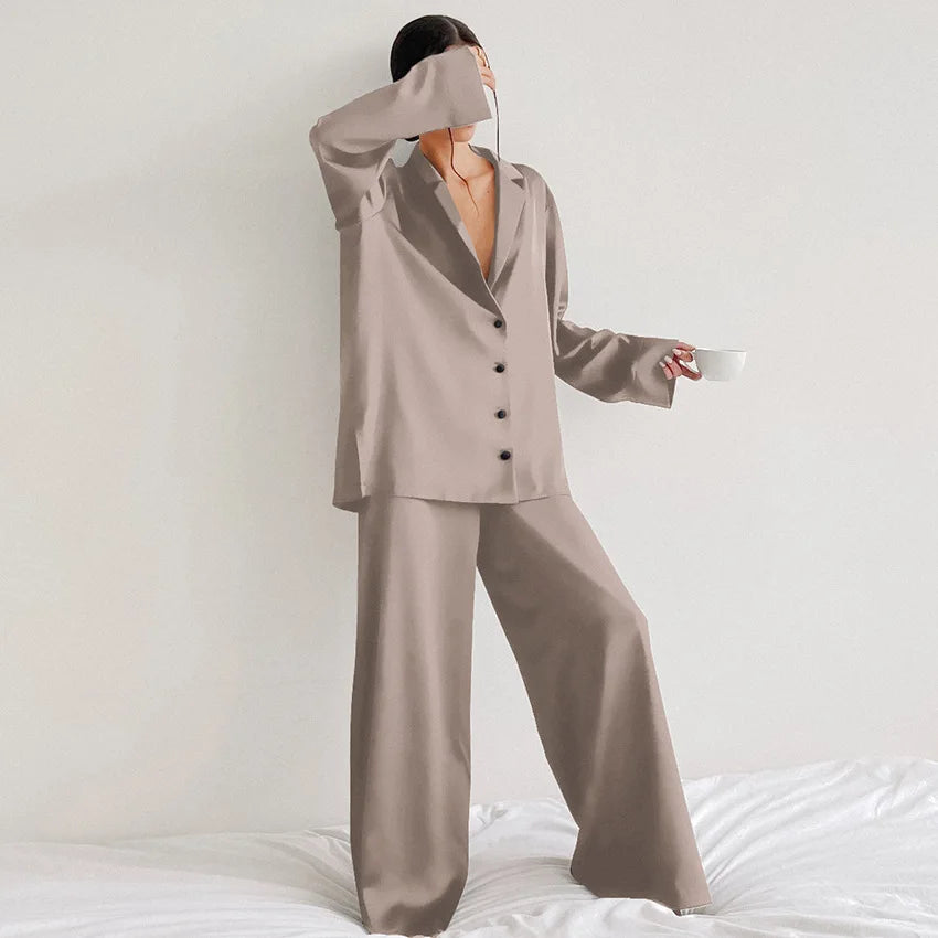 Oversized Satin Silk Pajama Set: Long Sleeve & Wide Leg Pants Loran