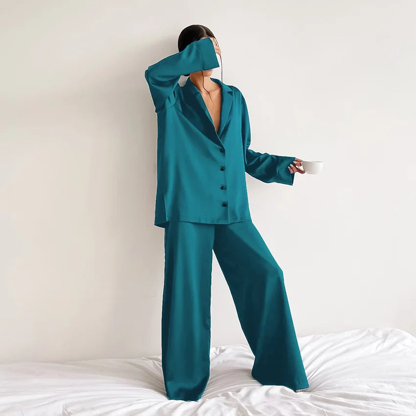Oversized Satin Silk Pajama Set: Long Sleeve & Wide Leg Pants Loran