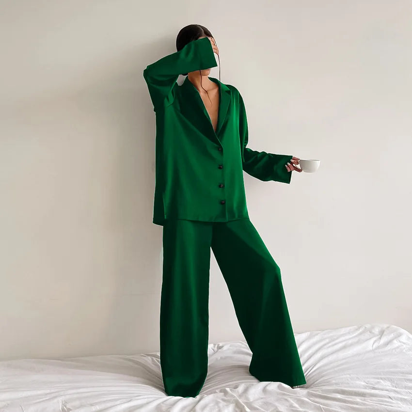 Oversized Satin Silk Pajama Set: Long Sleeve & Wide Leg Pants Loran