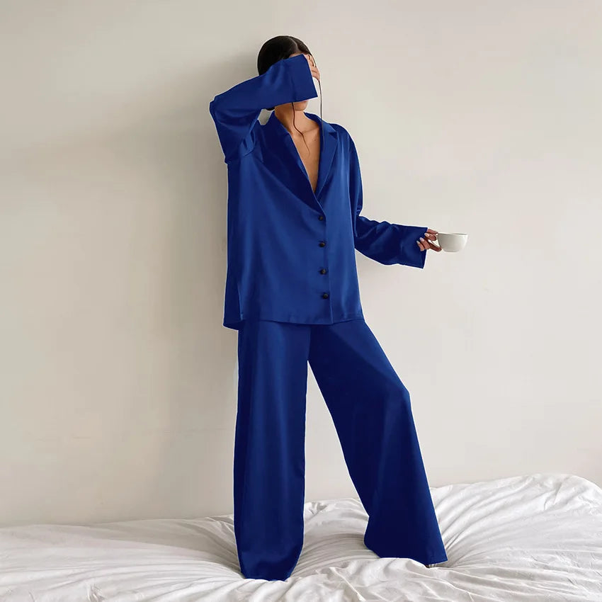 Oversized Satin Silk Pajama Set: Long Sleeve & Wide Leg Pants Loran