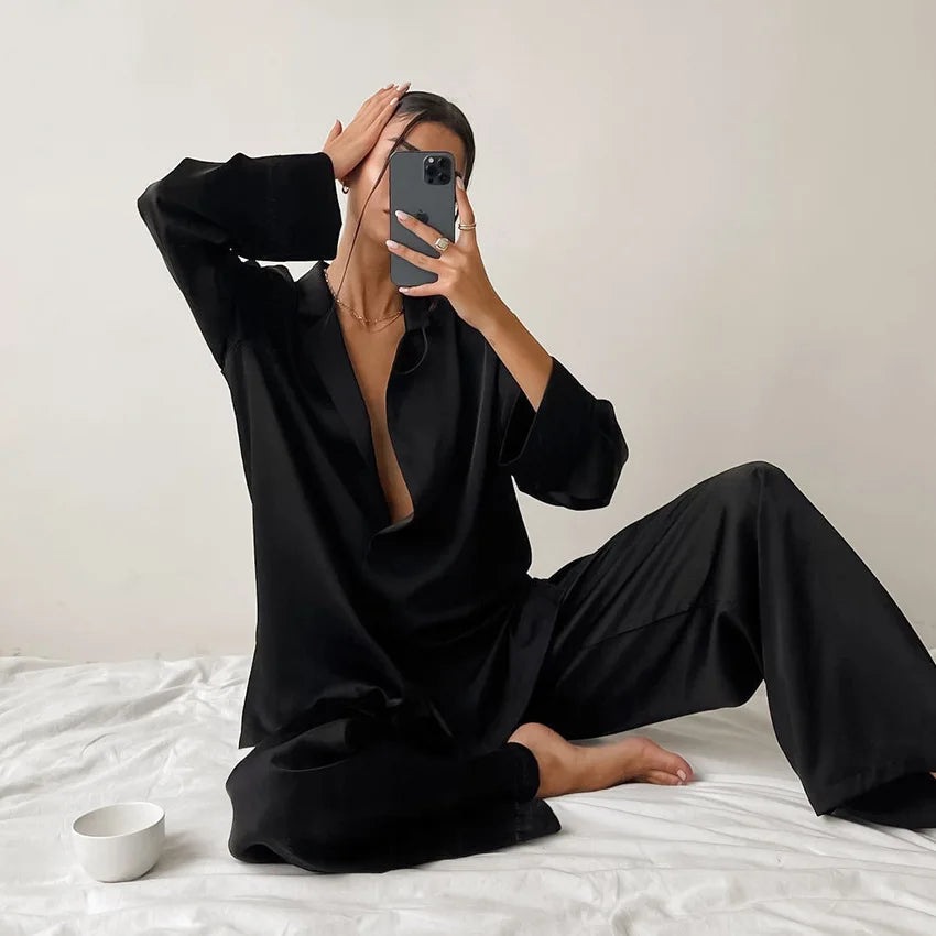 Oversized Satin Silk Pajama Set: Long Sleeve & Wide Leg Pants Loran