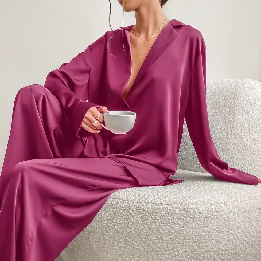 Oversized Satin Silk Pajama Set: Long Sleeve & Wide Leg Pants Loran