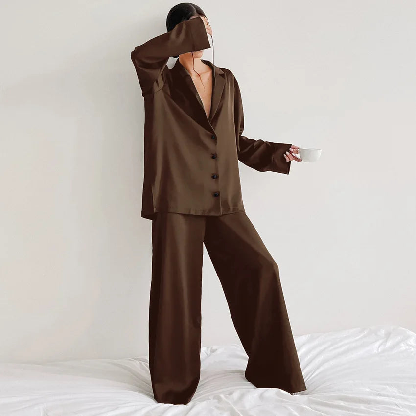 Oversized Satin Silk Pajama Set: Long Sleeve & Wide Leg Pants Loran