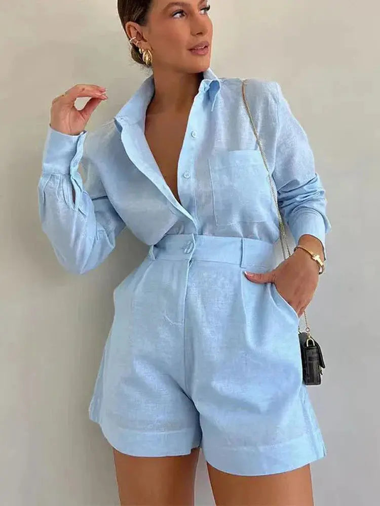 Loose Long Sleeve Blouse & Casual Short Set - Loran