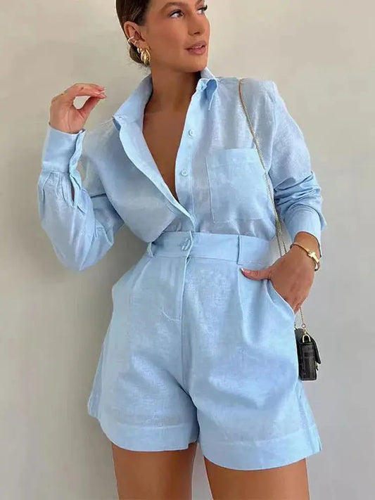 Loose Long Sleeve Blouse & Casual Short Set - Loran