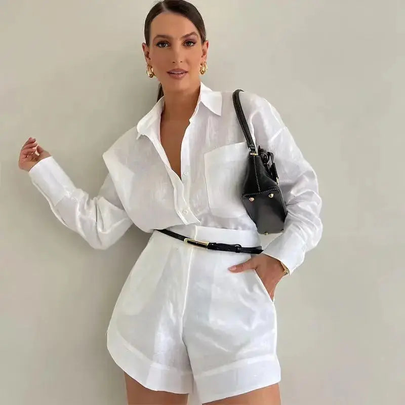 Loose Long Sleeve Blouse & Casual Short Set - Loran