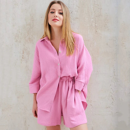 Women's Cotton Pajama Set Casual Collar Sleepwear Suit Loran