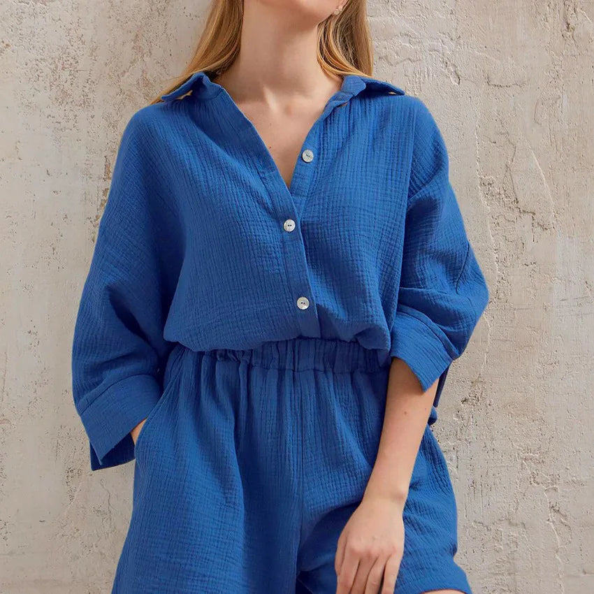 Women's Cotton Pajama Set Casual Collar Sleepwear Suit Loran