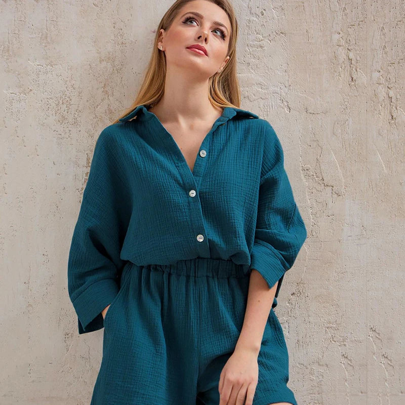 Women's Cotton Pajama Set Casual Collar Sleepwear Suit Loran