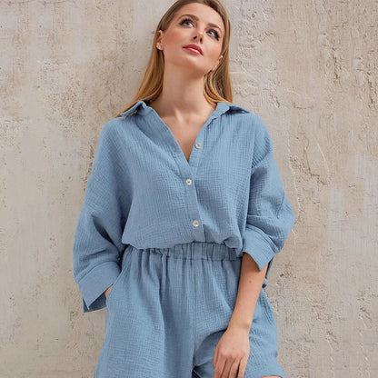 Women's Cotton Pajama Set Casual Collar Sleepwear Suit Loran