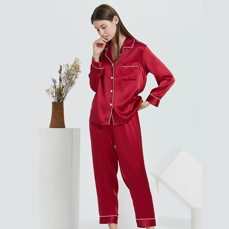 Fimtairah  100% silk pajama sets   women elegancen long sleeve noble pyjamas mujer  silk sexy red women sleepwear Loran