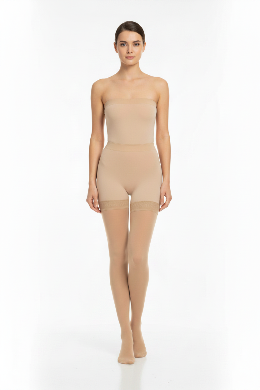 Beige tights worn by a person on a white background