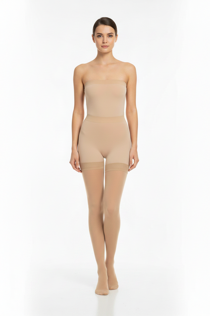 Beige tights worn by a person on a white background