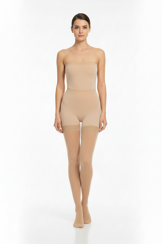 Beige tights worn by a person on a white background