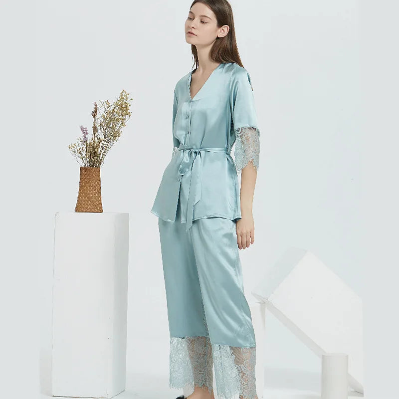 Silk pajamas for women 100% Mulberry Luxury Silk Long SleeveXL Sleepwear pyjamas women 22MM Loran