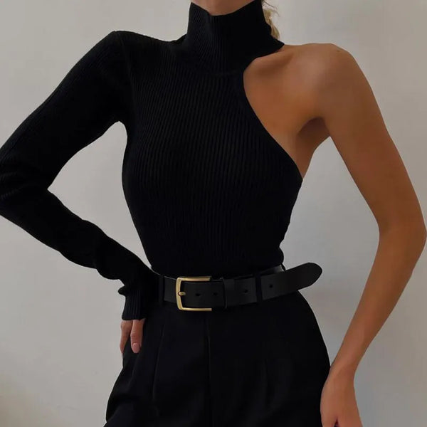 One Shoulder Kintted Bodysuit Women Turtleneck Black - 3IN SMART Shop  #